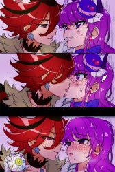 10s 2girls animal_ears blush cure_chocolat cure_macaron defeat earrings eye_contact eyelashes female_focus gloves jewelry kenjou_akira kirakira_precure_a_la_mode kiss kotozume_yukari long_hair looking_at_another mucha_(muchakai) multiple_girls precure purple_eyes purple_hair red_eyes red_hair saliva saliva_trail short_hair smile tears tongue white_gloves yuri rating:Sensitive score:55 user:creck