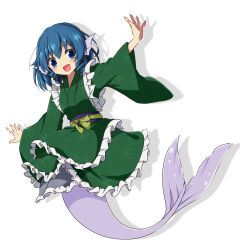  1girl blue_eyes blue_hair blush commentary drill_hair drill_sidelocks fins frilled_kimono frills full_body green_kimono head_fins highres japanese_clothes kimono long_sleeves looking_at_viewer medium_hair mermaid monster_girl obi open_mouth outstretched_arms sash shadow sidelocks simple_background smile solo spread_arms touhou tsuukinkaisoku_oomiya wakasagihime white_background wide_sleeves 