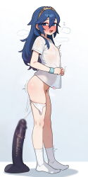  1girl after_masturbation ai-assisted alternate_costume blue_eyes blue_hair blur_censor blush bottomless breasts brittle censored dildo female_pubic_hair fire_emblem from_side full_body hair_between_eyes huge_dildo legs long_hair looking_at_viewer lucina_(fire_emblem) nintendo open_mouth panties panties_around_leg pubic_hair pussy pussy_juice pussy_juice_trail see-through_clothes see-through_shirt sex_toy shirt short_sleeves simple_background small_breasts smile socks solo sparse_pubic_hair standing sweat t-shirt tiara trembling underwear white_background white_panties white_shirt white_socks wristband 