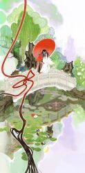  2boys architecture bandage_on_face bandage_over_one_eye bandages black_hair black_hanfu bowl bridge bug butterfly chinese_clothes chinese_commentary different_reflection earrings east_asian_architecture eye_contact eyepatch flower foliage hanfu highres holding holding_bowl holding_umbrella hua_cheng insect jewelry long_hair long_sleeves looking_at_another lotus lotus_leaf multiple_boys oil-paper_umbrella outdoors parted_lips pointy_ears red_flower red_hanfu red_sash red_umbrella reflection reflective_water ripples sash stone_bridge string string_of_fate tianguan_cifu topknot tree umbrella water white_flower white_hanfu white_lotus xiao_guan_(headdress) xie_lian xie_lian_(flower_crowned_martial_god) zhijupao zura00zura 