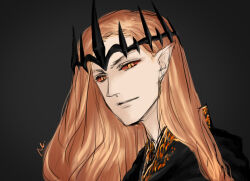 1boy closed_mouth collar crown long_hair looking_at_viewer male_focus morphym orange_eyes orange_hair pointy_ears red_eyes sauron slit_pupils solo the_silmarillion tolkien&#039;s_legendarium upper_body