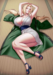  1girl armpits arms_up bare_legs blonde_hair breasts cleavage facial_mark female_focus forehead_mark full_body highres huge_breasts lips long_hair looking_at_viewer lying nail_polish naruto_(series) sandals solo thick_thighs thighs toenail_polish toenails tsunade_(naruto) valenvenge 