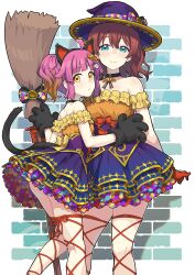  2girls ahoge animal_ears animal_hands aqua_eyes ass back back_bow bat_ornament black_gloves blue_skirt blunt_bangs body_freckles bow breasts brick_wall broom brown_hair cat_ears cat_paws cat_tail choker dot_nose earrings emma_verde expressionless fake_animal_ears fake_tail freckles frilled_shirt frilled_skirt frills gloves halloween hat holding holding_broom jewelry large_breasts leg_ribbon legs looking_at_viewer love_live! love_live!_nijigasaki_high_school_idol_club love_live!_school_idol_festival_all_stars medium_hair multicolored_skirt multiple_girls nijigasaki_halloween_(love_live!) off-shoulder_shirt off_shoulder official_alternate_costume orange_shirt pink_hair red_bow red_gloves ribbon shirt short_hair skirt small_breasts smile tail tennoji_rina thigh_ribbon thighs transparent_background twintails waste-man wavy_hair witch_hat yellow_bow yellow_eyes 