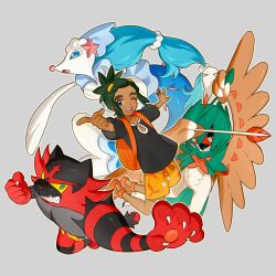  1boy arrow_(projectile) backpack bag black_shirt blue_eyes bow_(weapon) brown_eyes claws clenched_hand clothing_cutout colored_sclera commentary crew_neck dark-skinned_male dark_skin decidueye floral_print fua1heyvot4ifsr gen_7_pokemon green_eyes green_hair grey_background hair_intakes hau_(pokemon) highres incineroar male_focus nintendo one_eye_closed open_mouth orange_bag orange_sandals orange_shoes orange_shorts outstretched_arm pokemon pokemon_(creature) pokemon_sm ponytail primarina sandals sharp_teeth shirt shoes short_sleeves shorts starfish_hair_ornament symbol-only_commentary teeth tongue upper_teeth_only weapon yellow_eyes yellow_sclera 
