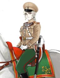  1girl army belt belt_buckle black_boots boots braid breast_pocket breasts brown_hat brown_jacket buckle cockade drill_hair drill_sidelocks epaulettes gloves green_pants grin hat high_collar highres holding holster horse horseback_riding imperial_russian_army jacket katyusha_(98269886) leather leather_belt leather_boots long_hair long_sleeves looking_at_viewer medium_breasts military military_hat military_uniform original pants parted_lips peaked_cap pink_lips pocket riding russian_empire russian_text saber_(weapon) sidelocks simple_background single_braid sitting smile solo striped_clothes striped_pants sword weapon white_background white_belt white_eyes white_gloves world_war_i 