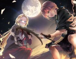  2girls aria_(otome_game_no_heroine_de_saikyou_survival) blonde_hair blue_eyes dress fingerless_gloves full_moon gloves green_eyes long_hair moon multiple_girls night night_sky official_art open_mouth orange_hair otome_game_no_heroine_de_saikyou_survival outdoors short_hair skirt sky smile star_(sky)  rating:Sensitive score:3 user:RiroDouribu
