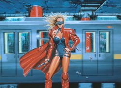 1990s_(style) 1girl a.d._police_files blonde_hair blood boots breasts bustier caroline_evers coat covered_erect_nipples cyberpunk cyborg female_focus folding_knife goggles hand_on_own_hip headgear knife long_hair looking_at_viewer medium_breasts realistic retro_artstyle solo subway sunglasses switchblade toned toned_female tony_takezaki traditional_media trench_coat visor wind wind_lift