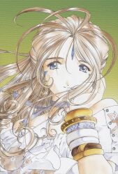  1girl aa_megami-sama ahoge belldandy blue_eyes bracelet brown_hair diamond_facial_mark facial_mark fujishima_kousuke green_background hair_flowing_over hand_on_own_face highres jewelry long_hair looking_at_viewer official_art retro_artstyle simple_background smile solo 