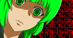  1girl blunt_bangs close-up commentary_request green_eyes green_hair higurashi_no_naku_koro_ni long_hair looking_at_viewer meiko_(nattu303) parted_lips portrait professor_(ragnarok_online) ragnarok_online shaded_face solo text_background 