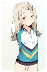  bangs_pinned_back blonde_hair border brown_background closed_mouth commentary_request cowboy_shot crotch_seam eyelashes gakuen_idolmaster gradient_background hair_ornament hairclip highres idolmaster jacket light_blush long_hair long_sidelocks long_sleeves looking_at_viewer multicolored_jacket no_pants orange_eyes outside_border panties partially_unzipped picot_trim_panties shinosawa_hiro sidelocks sirokohi smile standing straight_hair track_jacket underwear white_border white_panties zipper zipper_pull_tab 