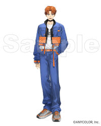  1boy :d belt belt_buckle black_choker blue_eyes blue_jacket blue_pants buckle choker commentary_request company_name copyright_notice cropped_jacket denim ear_piercing earrings grey_shoes hand_in_pocket jacket jeans jewelry kitami_yusei kitami_yusei_(2nd_costume) kurohal long_sleeves looking_at_viewer male_focus multicolored_eyes nijisanji official_alternate_costume official_art open_clothes open_jacket open_mouth orange_belt orange_hair orange_ribbon pants parted_bangs piercing pink_eyes print_shirt ribbon ring sample_watermark shirt shirt_tucked_in shoes short_hair simple_background sleeves_past_wrists smile sneakers solo tachi-e teeth thumb_ring two-tone_eyes upper_teeth_only virtual_youtuber watermark white_background white_shirt 