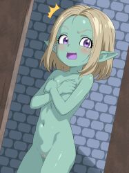  1girl absurdres alpaca_no_otouto aqua_skin blush cleft_of_venus colored_skin completely_nude covering_breasts covering_privates demon_girl dragon_ball dragon_ball_daima embarrassed flat_chest highres loli looking_at_viewer navel nude pansy_(dragon_ball_daima) pointy_ears purple_eyes pussy solo standing surprised white_hair  rating:Explicit score:232 user:cunnymax