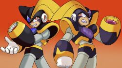  1boy android arm_cannon armor bass_(mega_man) black_armor black_helmet chest_jewel clenched_hands clenched_teeth dual_persona evil_grin evil_smile facial_mark fang forehead_jewel gloves gradient_background grin helmet jewelry looking_at_another male_focus mega_man_&amp;_bass mega_man_(classic) mega_man_(series) official_style orange_background pink_eyes red_eyes robot robot_ears shoulder_armor simple_background smile sprinqgueen teeth weapon white_gloves 