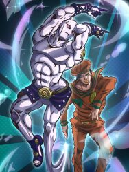  1boy 1other \m/ abs absurdres anchor_ornament anime_coloring araki_hirohiko_(style) asymmetrical_bangs belt black_hair black_sandals colored_sclera commentary gloves hat highres jojo_no_kimyou_na_bouken jojo_pose jojolion killer_queen killer_queen_(jojolion)_pose kira_yoshikage_(jojolion) long_bangs makeup male_focus miniskirt official_style orange_hat orange_pants orange_sailor_collar orange_shirt pants pink_sclera purple_gloves s0osauge sailor sailor_collar sailor_hat sandals shirt skirt slit_pupils sparkle stand_(jojo) 