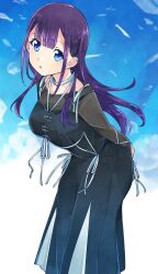  1girl 22/7 arms_behind_back ato_de_wakaru_koto black_dress blue_eyes blue_sky center-flap_bangs dress falling_feathers feathers hair_ornament highres ichinose_hotaru leaning_forward long_dress long_hair long_sleeves looking_at_viewer mole mole_under_eye on_cloud parted_lips purple_hair ribbon see-through_clothes see-through_sleeves sky solo standing three_quarter_view trefle_r white_feathers white_ribbon 