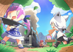 0_0 4girls anchor_print anchor_symbol animal_ear_fluff animal_ears aqua_hair axe cat_ears chibi dinosaur_costume ear_piercing fox_ears fox_girl fox_tail highres hololive houshou_marine locomotive long_hair maid minato_aqua minato_aqua_(1st_costume) multicolored_hair multiple_girls nekomata_okayu no_eyepatch pentagram pickaxe piercing ponono ponytail purple_eyes purple_hair railroad_tracks red_hair shirakami_fubuki shirakami_fubuki_(1st_costume) single_thighhigh steam_locomotive tail thigh_strap thighhighs train two-tone_hair virtual_youtuber white_hair wide_oval_eyes rating:Sensitive score:5 user:danbooru