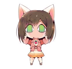  1girl animal_ears bare_legs blunt_bangs bob_cut brown_hair brown_sandals cat_ears chibi commentary_request dress dress_under_shirt fake_animal_ears front-tie_top green_eyes hands_up idolmaster idolmaster_cinderella_girls legs_apart long_sleeves lowres maekawa_miku medium_dress medium_hair nervous open_mouth pink_shirt sandals shirt simple_background sleeve_cuffs solo standing straight-on strawberry_necklace sweat usoneko white_background white_dress wide-eyed 