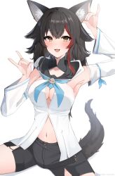  1girl absurdres alternate_costume animal_ear_fluff animal_ears aqua_necktie arm_up armpits black_hair black_shorts blush breasts cleavage cleavage_cutout clothing_cutout collarbone cosplay detached_sleeves double_fox_shadow_puppet fox_shadow_puppet hair_between_eyes highres hololive key large_breasts long_hair long_sleeves multicolored_hair nanase_nayumu navel necktie ookami_mio open_mouth orange_eyes red_hair shirakami_fubuki shirakami_fubuki_(cosplay) shirt short_shorts shorts simple_background smile solo stomach tail very_long_hair virtual_youtuber white_background white_shirt wolf_ears wolf_girl wolf_tail 