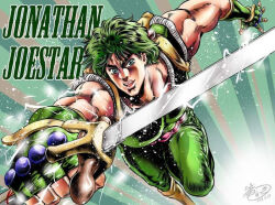  1boy green_eyes green_hair hamon happy jojo_no_kimyou_na_bouken jonathan_joestar lightning muscular muscular_male smile solo sword taki_reki weapon 