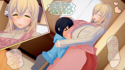  1boy 1girl age_difference ass black_hair blonde_hair blush breasts closed_eyes daidaikon face_between_breasts head_between_breasts headpat heart hood hoodie huge_ass huge_breasts mature_female onee-shota shiina_aki shorts shota sunohara_ayaka sunoharasou_no_kanrinin-san wide_hips yellow_eyes 