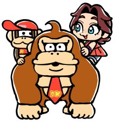  1girl 2boys :3 ape baseball_cap bkub black_eyes blue_eyes blue_pants bracelet brown_hair chibi closed_mouth denim diddy_kong donkey_kong donkey_kong_(series) donkey_kong_bananza dot_nose freckles furry furry_male hat highres jeans jewelry looking_at_another looking_at_viewer medium_hair monkey multiple_boys necktie nintendo open_mouth pants pauline_(mario) pauline_(young)_(mario) red_hat red_necktie red_shirt shirt simple_background white_background 
