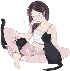  1girl ^_^ bare_shoulders barefoot black_cat brown_hair camisole cat closed_eyes collarbone ear_piercing hair_ornament hair_over_shoulder hair_scrunchie heart highres lisa_(faeuna) long_hair low_ponytail lower_teeth_only messy_hair midriff mole mole_on_arm mole_on_collarbone navel open_mouth original pants parted_bangs petting piercing pink_pants ponytail scrunchie sitting smile spaghetti_strap sweatpants teeth whiskers white_background white_camisole white_scrunchie 