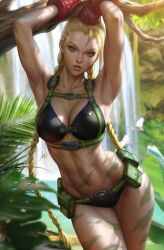  1girl alternate_costume arms_up artist_request belt bikini black_bikini blonde_hair braid breasts cammy_white day gloves hands_out_of_frame jungle large_breasts leaf nature navel pocket scar scar_on_face street_fighter swimsuit tree udon_entertainment water 