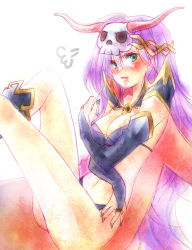  1814im 1990s_(style) 1girl blush breasts bridal_gauntlets cape faris_scherwiz female_focus final_fantasy final_fantasy_v gradient_background green_eyes headdress highres long_hair midriff necromancer necromancer_(final_fantasy) purple_hair retro_artstyle sitting solo white_background 