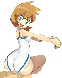  1boy 1girl ass back bare_legs bikini blush breasts bushizo buttjob covered_navel cowboy_shot cum curvy gen_2_pokemon hetero highleg highleg_swimsuit highres huge_ass legs looking_back medium_breasts misty_(pokemon) muscular navel nintendo one-piece_swimsuit orange_hair penis pokemon pokemon_hgss shiny_skin short_hair simple_background solo_focus standing swimsuit takuto thick_thighs thighs wet white_background wide_hips 