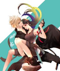  1boy 1girl apron arm_ribbon bare_shoulders black_apron black_gloves black_hair black_pants black_shirt black_shorts black_vest blonde_hair blue_eyes breasts cloud_strife earrings feet_out_of_frame final_fantasy final_fantasy_vii final_fantasy_vii_advent_children floating_hair gloves hand_on_another&#039;s_thigh highres jewelry large_breasts long_hair pants parted_lips red_eyes red_ribbon ribbon ruka_ika shirt shorts single_earring spiked_hair tifa_lockhart vest waist_apron 