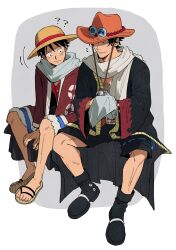  2boys ? ?? absurdres black_hair boots brothers commentary_request fork freckles glint hat highres invisible_chair male_focus monkey_d._luffy multiple_boys notice_lines one_piece orange_hat portgas_d._ace sandals scar scar_on_face scarf short_hair siblings sitting straw_hat usarinko white_scarf 