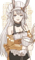 1girl :d animal_ears arknights bare_shoulders black_shorts bowl breasts cleavage commentary cowboy_shot ears_through_headwear grey_eyes grey_hair grey_shirt halftone halftone_background hat highres holding holding_bowl long_hair looking_at_viewer medium_breasts mixing_bowl off_shoulder official_alternate_costume one-hour_drawing_challenge open_mouth orange_sleeves piroropepon savage_(arknights) savage_(secret_family_recipe)_(arknights) shirt shorts sketch smile solo standing whisk white_hat 