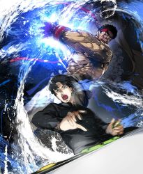  2boys abs black_hair blood blood_on_face dougi energy_beam headband highres large_pectorals male_focus motion_blur multiple_boys muscular muscular_male nipples nishiide_kengorou pants pectorals real_life ryu_(street_fighter) short_hair spiked_hair stomach street_fighter topless_male umehara_daigo veins white_pants 