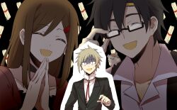  1girl 2boys :d aaniko adjusting_eyewear alternate_costume animal animal_on_shoulder bespectacled black-framed_eyewear black_background black_hair black_jacket bolo_tie brown_eyes brown_hair closed_eyes collared_shirt commentary_request dress facing_viewer formal_clothes glasses hair_between_eyes hair_ornament hairclip hamster jacket kagerou_project kano_shuuya lapels long_hair long_sleeves looking_at_viewer multiple_boys open_mouth palms_together peaked_lapels popped_collar rectangular_eyewear red_dress semi-rimless_eyewear seto_kousuke shirt short_hair smile suit_jacket tateyama_ayano turn_pale under-rim_eyewear upper_body white_shirt wide-eyed 