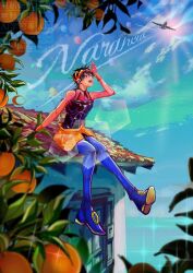  1boy 1other 667dh aerosmith_(stand) aircraft airplane black_hair blue_sky boots building character_name cloud commentary commentary_request contrail day english_text food fruit full_body headband highres house jojo_no_kimyou_na_bouken lens_flare looking_up male_focus narancia_ghirga on_roof open_mouth orange_(fruit) orange_headband orange_skirt outdoors pants plant purple_pants salute shading_eyes short_hair sitting skirt sky smile solo stand_(jojo) sun sunlight vento_aureo 