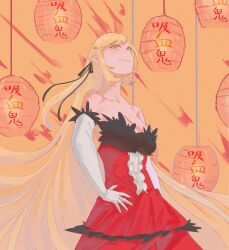  1girl bare_shoulders blonde_hair breasts cleavage collarbone dress elbow_gloves feather-trimmed_dress feather-trimmed_gloves feather_trim frilled_dress frills gloves hair_ribbon hand_on_own_hip highres justnowen kiss-shot_acerola-orion_heart-under-blade kizumonogatari lantern large_breasts long_hair looking_at_viewer monogatari_(series) oshino_shinobu paper_lantern pointy_ears red_dress ribbon smile solo strapless strapless_dress vampire very_long_hair white_gloves yellow_eyes 