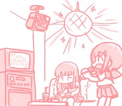  2girls commentary_request couch disco_ball drink feet_out_of_frame ferret-san fubuki_(kancolle) hatsuyuki_(kancolle) highres kantai_collection karaoke long_hair low_ponytail microphone monochrome multiple_girls music name_connection pleated_skirt ponytail red_theme singing skirt speaker television 