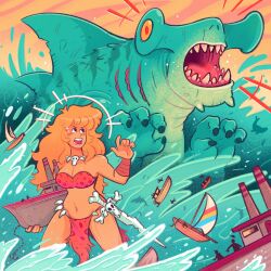  1girl anchor battle blonde_hair boat bone bra breasts cargo_ship claws commentary destruction english_commentary fangs giant giant_monster giantess glowing glowing_eyes highres jewelry kaiju large_breasts long_hair mini_person miniboy monster monster_focus mostlyghostly necklace ocean open_mouth original outdoors red_bra red_eyes red_nails reptile reptilian sailboat scales science_fiction sharp_teeth ship size_difference skull_necklace spines sweat tanker_(ship) teeth underwear watercraft waves worried 