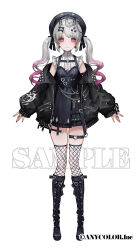  1girl arm_strap arms_at_sides beret black_boots black_dress black_hat black_jacket black_nails black_ribbon boots bow center_frills closed_mouth copyright_notice cross-laced_clothes cross-laced_sleeves demon_horns dress earrings fishnet_thighhighs fishnets frills full_body gradient_hair grey_hair grey_horns hair_bow hair_ribbon hat hat_chain hat_ornament heart heart_earrings heart_o-ring heart_print high_collar highres horns jacket jewelry key knee_boots lace-up_boots leather leather_jacket long_hair long_sleeves looking_at_viewer multicolored_hair nail_polish nijisanji nijisanji_en o-ring off_shoulder official_art open_clothes open_jacket pinafore_dress puffy_long_sleeves puffy_sleeves purple_eyes purple_hair reimu_endou ribbon sample_watermark senano-yu shirt short_dress sleeveless sleeveless_dress sleeveless_shirt sleeves_past_wrists smile solo standing straight-on swept_bangs thigh_strap thighhighs twintails virtual_youtuber wallet_chain watermark wavy_hair white_background white_shirt zipper zipper_pull_tab 