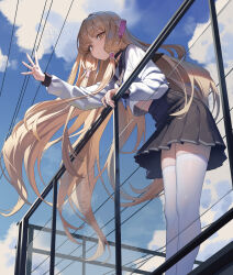  1girl black_sailor_collar black_skirt blonde_hair blue_neckerchief blue_sky brown_eyes building chii chobits city commentary english_commentary hair_tubes highres long_hair long_sleeves looking_at_viewer neckerchief on_railing outdoors outstretched_arm persocom plaid_clothes plaid_skirt pleated_skirt railing robot_ears robot_girl sailor_collar school_uniform shirt skirt sky solo thighhighs very_long_hair white_shirt white_thighhighs xzu 