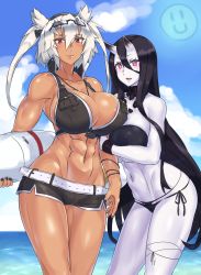 10s 2girls abs abyssal_ship areola_slip bare_shoulders battleship_princess bikini black_hair blush breasts brown_eyes choker cleavage colored_skin covered_erect_nipples curvy dark-skinned_female dark_skin eyewear_on_head glasses hair_between_eyes highres holding_own_arm horns kantai_collection large_breasts long_hair looking_at_viewer midriff mizuumi_(bb) multiple_girls musashi_(kancolle) musashi_(swimsuit)_(kancolle) muscular muscular_female navel open_mouth pale_skin pointy_hair red_eyes short_hair_with_long_locks single_horn skin-covered_horns smile smiley_face swimsuit tall twintails two_side_up very_long_hair white_hair white_skin wide_hips rating:Questionable score:104 user:danbooru