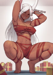  1girl abs absurdres animal_ears armpits arms_behind_head arms_up bare_shoulders barefoot blush boku_no_hero_academia bow box breasts christmas dark-skinned_female dark_skin english_text feet full_body gift gift_box heart highres large_breasts long_eyelashes long_hair looking_at_viewer merry_christmas mirko muscular muscular_female naked_ribbon navel parted_bangs parted_lips rabbit_ears rabbit_girl red_bow red_eyes red_ribbon ribbon signature smile solo speedl00ver spread_legs squatting thick_thighs thighs tiptoes toes underboob very_long_hair white_hair wrapped_up  rating:Questionable score:153 user:danbooru