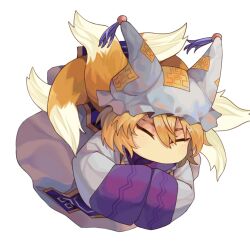 1girl animal_ears animal_hat blonde_hair blue_tabard chibi closed_eyes fox_ears fox_tail hands_in_opposite_sleeves hat highres mob_cap multiple_tails onionmay solo tabard tail touhou white_background yakumo_ran 