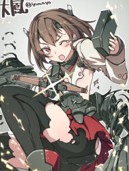  10s 1girl bike_shorts blush brown_eyes brown_hair character_name female_focus from_below headgear highres kantai_collection open_mouth orange_eyes panties_under_bike_shorts personification short_hair skirt solo super_zombie taihou_(kancolle) thighhighs torn_clothes twitter_username wince  rating:Questionable score:5 user:danbooru