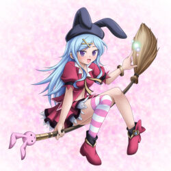  1girl blue_hair boots bracelet breasts broom broom_riding emil_chronicle_online hair_ornament hairclip jacket jewelry long_hair medium_breasts navel pink_thighhighs purple_eyes rabbit_ear_headwear red_boots red_jacket red_skirt renet_(eco) skirt striped_clothes striped_thighhighs takanashi_tsukasa thighhighs white_thighhighs 