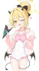  1girl :3 absurdres bin_oxo blonde_hair blue_archive crepe eating food hair_bun highres holding holding_crepe holding_food horns ibuki_(blue_archive) looking_at_viewer official_alternate_costume one-piece_swimsuit one_eye_closed open_mouth polka_dot polka_dot_swimsuit solo swimsuit tail wings yellow_eyes 