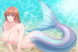  1girl beach blush breasts brown_eyes brown_hair censored collarbone commentary_request completely_nude dead_or_alive dead_or_alive_4 female_focus grin highres kasumi_(doa) kiria021 large_breasts long_hair looking_at_viewer mermaid monster_girl monsterification mosaic_censoring navel nude scales smile solo tail topless_female water 