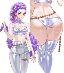  1girl absurdres ass blush breasts brown_eyes butt_crack chain_belt dutch_braided_ponytail foolish_potato highres kpop_demon_hunters long_hair medium_breasts multiple_views navel panties pants purple_hair purple_nails rumi_(kpop_demon_hunters) simple_background solo stomach thighhighs underwear very_long_hair white_background white_panties white_pants white_thighhighs 