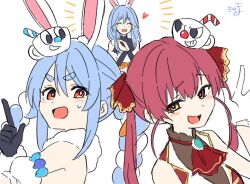  3girls :d ^_^ animal_ear_fluff animal_ears bare_shoulders bendy_straw black_gloves blue_hair blush braid carrot_hair_ornament closed_eyes commentary_request crossover cup cuphead cuphead_(game) detached_sleeves don-chan_(usada_pekora) dress drinking_straw fang food-themed_hair_ornament fur-trimmed_gloves fur_trim gloves hair_between_eyes hair_ornament hair_ribbon heart highres houshou_marine houshou_marine_(1st_costume) jacket kiritoma long_hair looking_at_viewer mother_and_daughter mugman multicolored_hair multiple_girls open_mouth own_hands_together pekomama puffy_short_sleeves puffy_sleeves rabbit-shaped_pupils rabbit_ears red_eyes red_hair red_jacket red_ribbon ribbon short_eyebrows short_sleeves signature simple_background sleeveless sleeveless_jacket smile symbol-shaped_pupils thick_eyebrows twin_braids twintails two-tone_hair usada_pekora usada_pekora_(1st_costume) v-shaped_eyebrows white_background white_dress white_gloves white_hair white_sleeves 