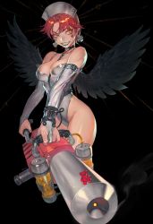 1girl belt between_breasts black_wings breasts bridal_gauntlets candy cleavage collar cross cross_earrings earrings elbow_gloves evil_grin evil_smile facial_tattoo fang feathered_wings female_focus food gloves green_lips grey_gloves grey_leotard grin gummy_bear gun hat highleg highleg_leotard highres holding holding_weapon huge_weapon jewelry leash leotard lipstick makeup medium_breasts morry nurse nurse_cap orange_eyes original red_hair shiny_skin short_hair smile smoke smoking_barrel solo strapless strapless_leotard tattoo weapon wings rating:Sensitive score:46 user:danbooru